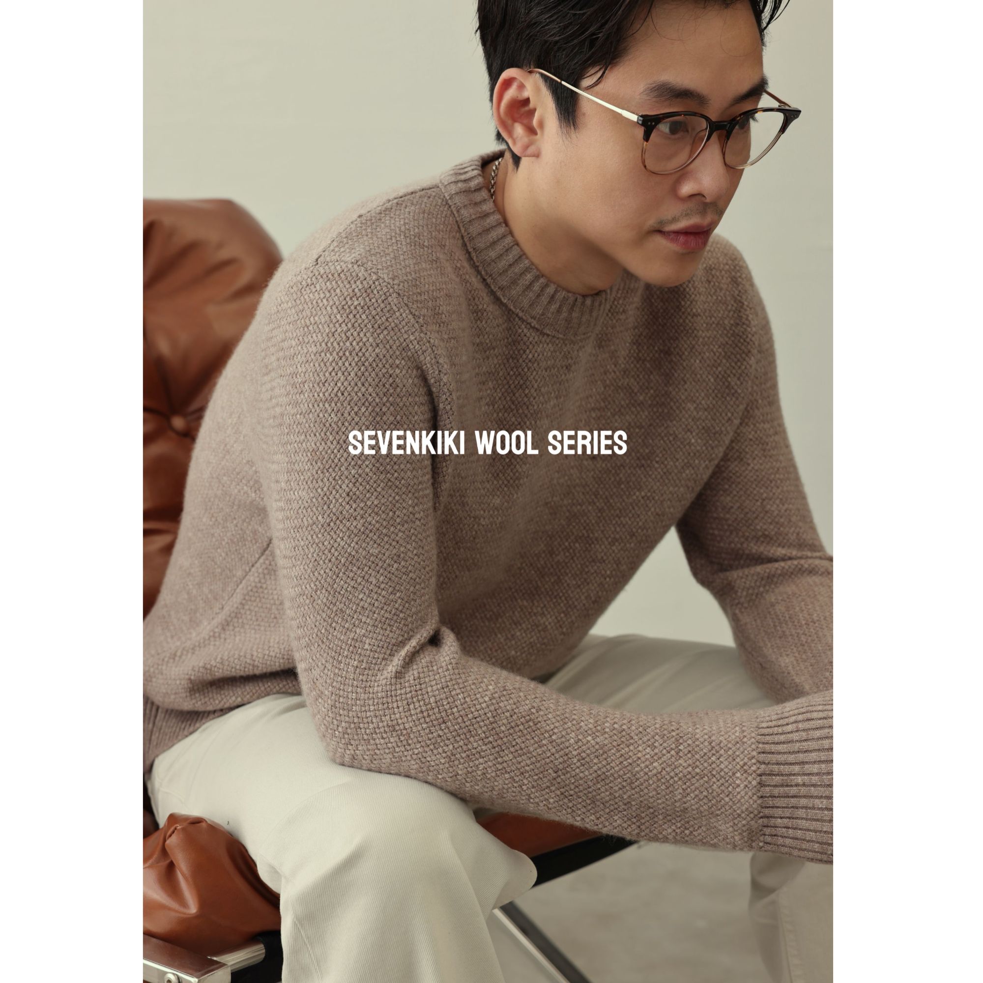 SEVENKIKI AW 100美力奴羊毛26支编制纹理圆领毛衣YX32