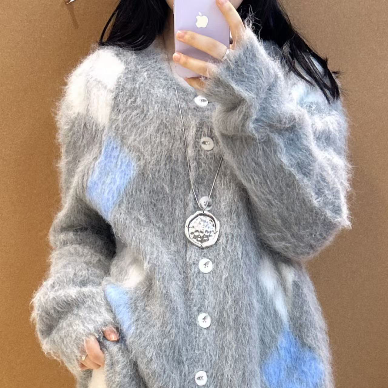 【菱格开衫】羊驼拉绒毛衣长毛慵懒风软糯毛衣加厚外套秋冬装