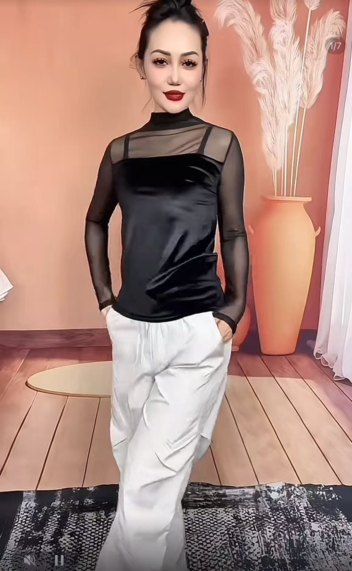 半高领蕾丝网纱拼接丝绒洋气千金风弹力T恤长袖上衣