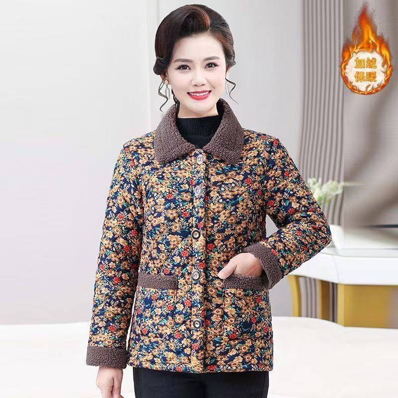 大玫瑰  中老年女装复古棉服碎花长袖外套洋气加绒翻领棉衣