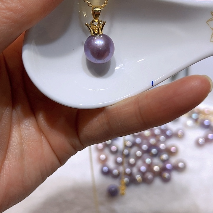 淡水珍珠紫珠素皇冠吊坠银S925镶嵌