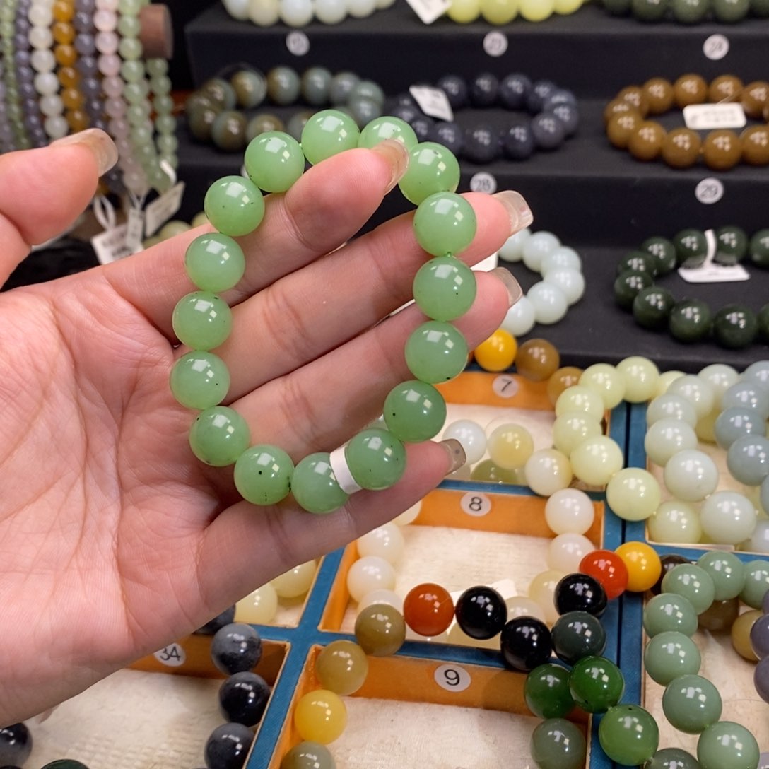 和田玉手链 12MM未镶嵌碧玉