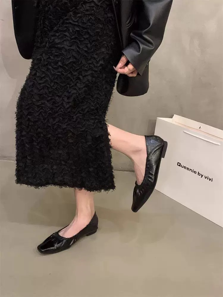 平底法式6365-1银色单鞋女鞋子2025新款春夏季方头褶皱配裙子红色