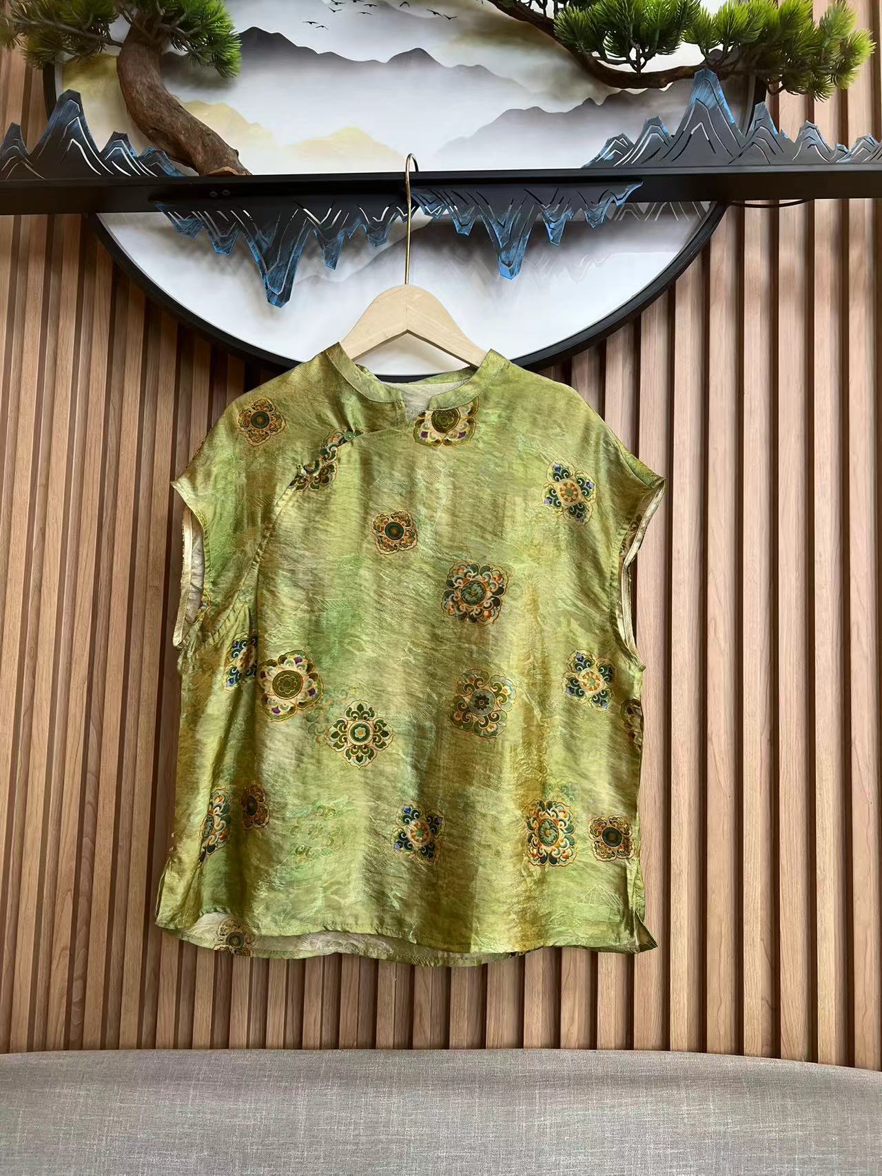 1213圆领新中式宽松短袖无袖上衣复古常规款夏季提花薄款