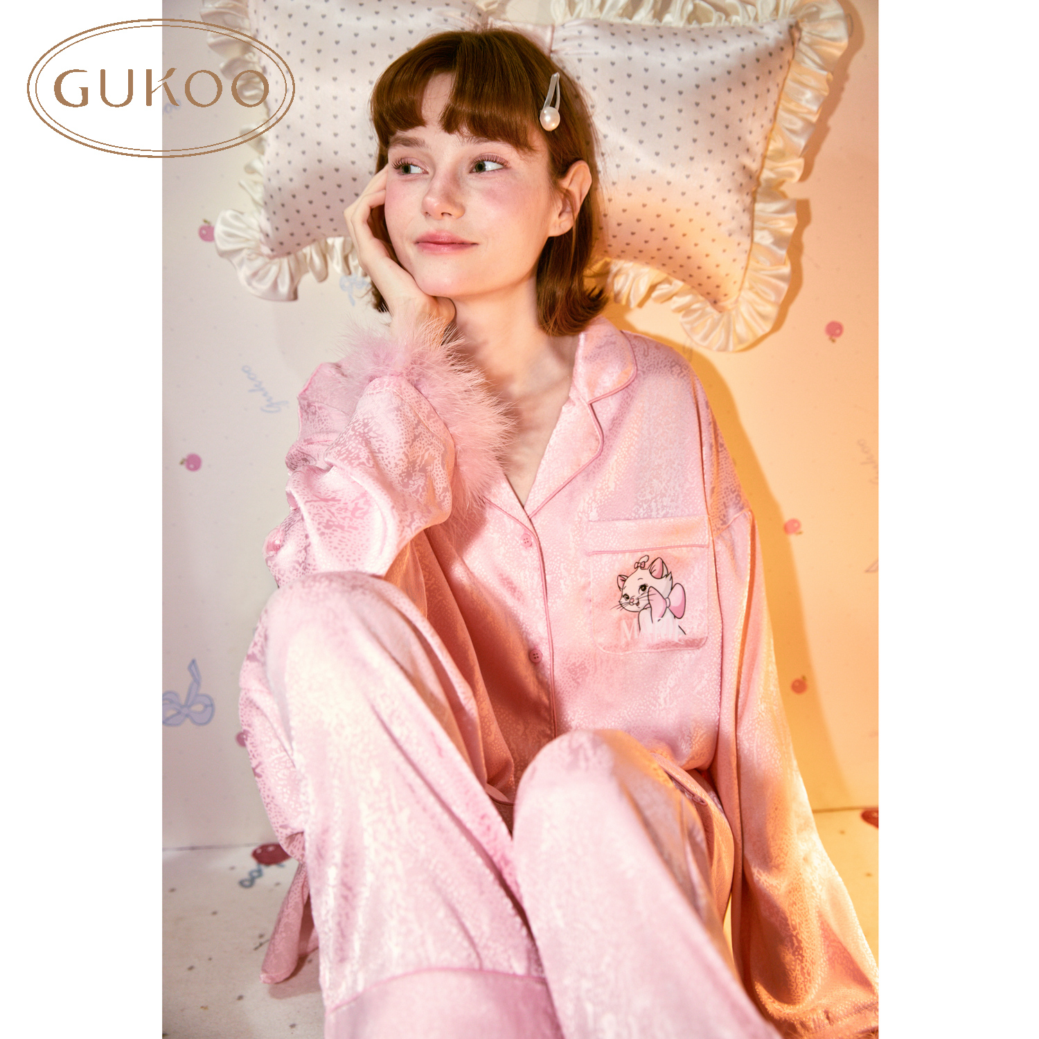 【珂珂专属】Gukoo果壳玛丽猫联名睡衣蛇纹提花女款色丁居家服套装