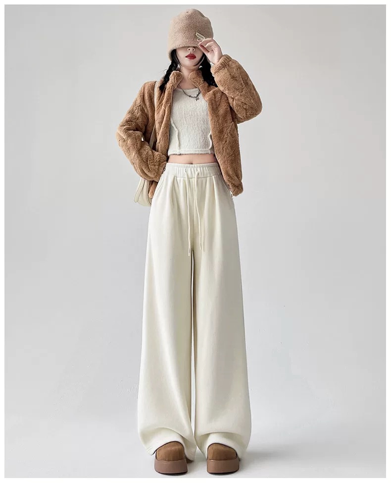 1830秋冬高腰宽松阔腿裤纯色时尚百搭直筒裤外穿休闲糯米裤