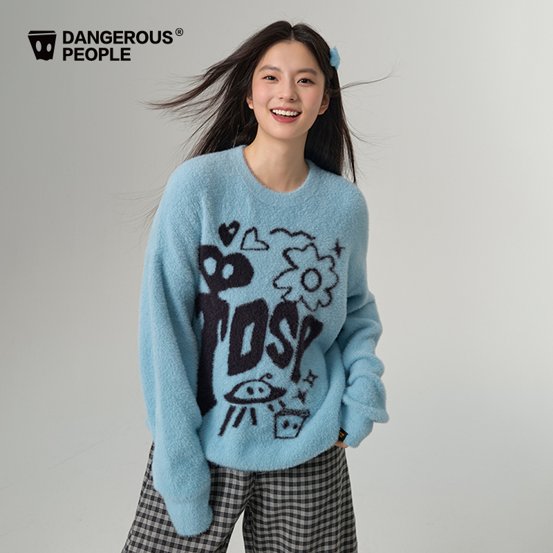 Dangerouspeople薛之谦dsp仿貂毛圆领毛衣潮牌软糯蓬松百搭针织衫