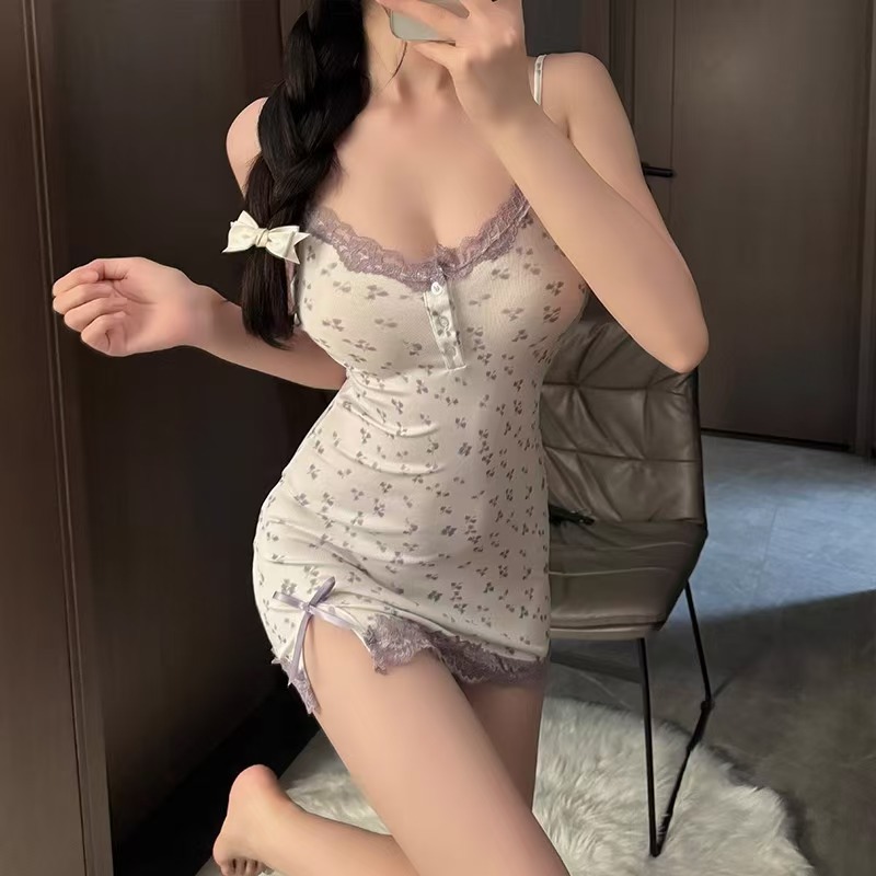 做你的女生❤️大码性感居家情侣睡衣紫色小碎花睡衣包臀短裙
