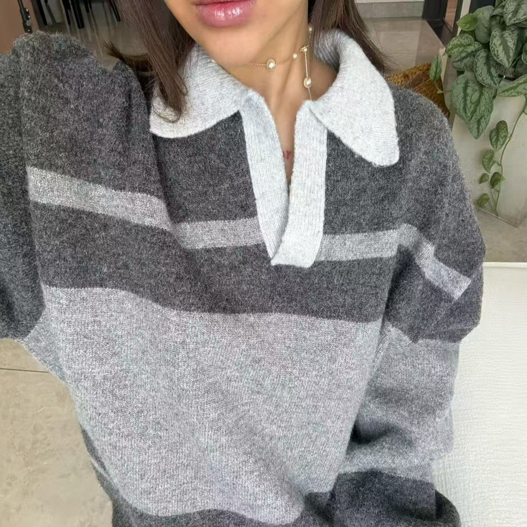 模特自留冬季新款 宽松大版型POLO领拼色灰色毛衣女