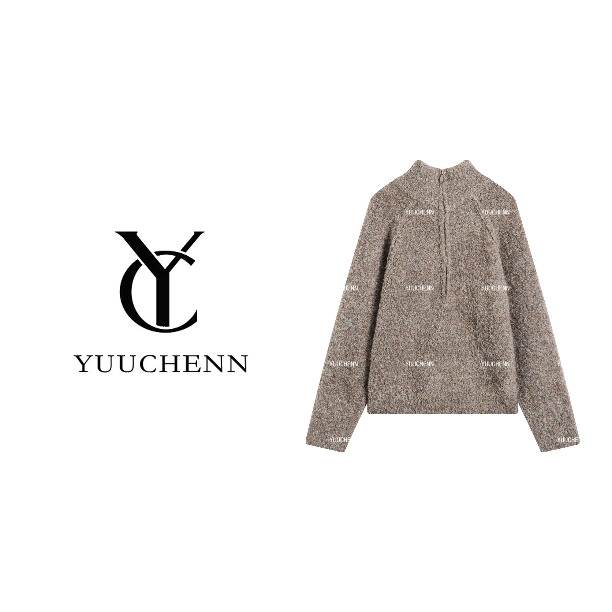 YUUCHENN“曲栏扶雪”绵羊毛毛衣女秋冬半拉链上衣25C-W70093