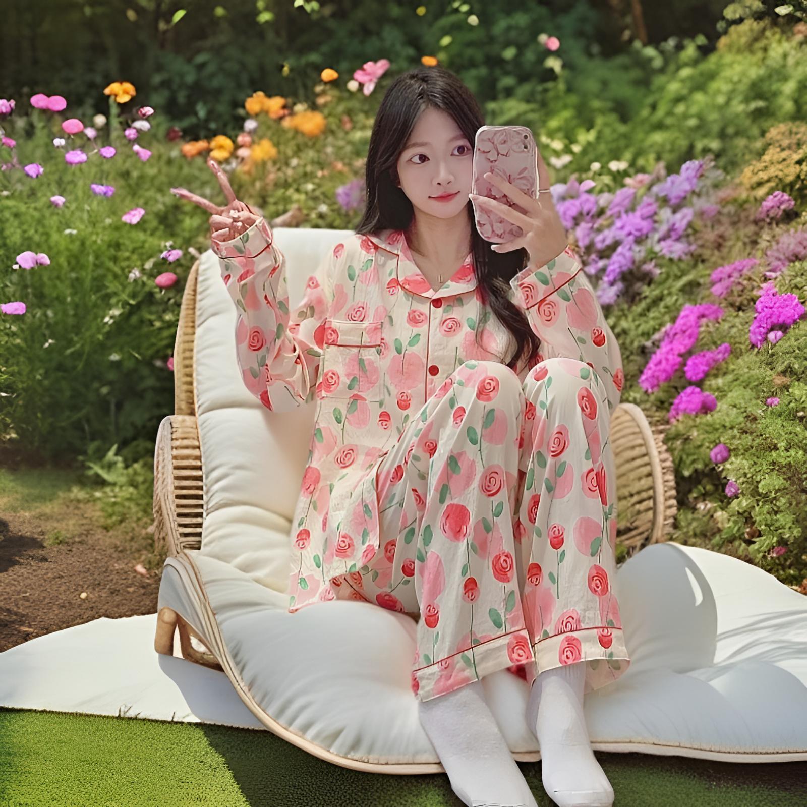 甜美薄款大码长袖春秋季宽松韩版卡通网红家居服套装纯棉睡衣舒适