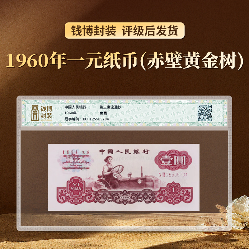 第三套退市钞1960年一元纸币单张 钱博封装（赤壁黄金树）