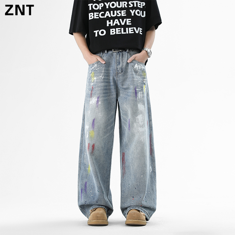 ZNT原创美式涂鸦油画牛仔裤男女设计感小众油漆潮牌直筒休闲裤