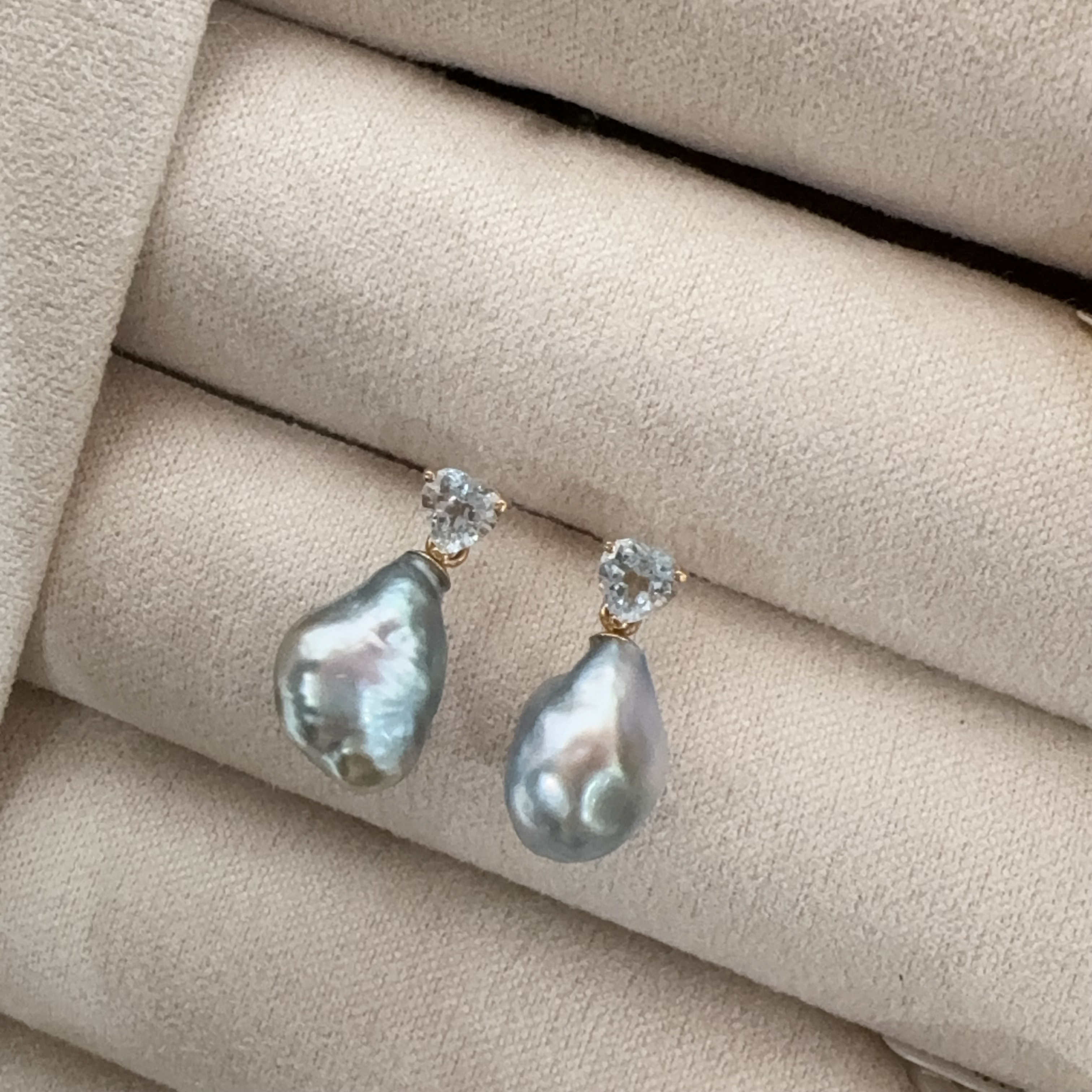 18k金海蓝宝小桃心海水珍珠大溪地keshi耳钉48h鉴赏期