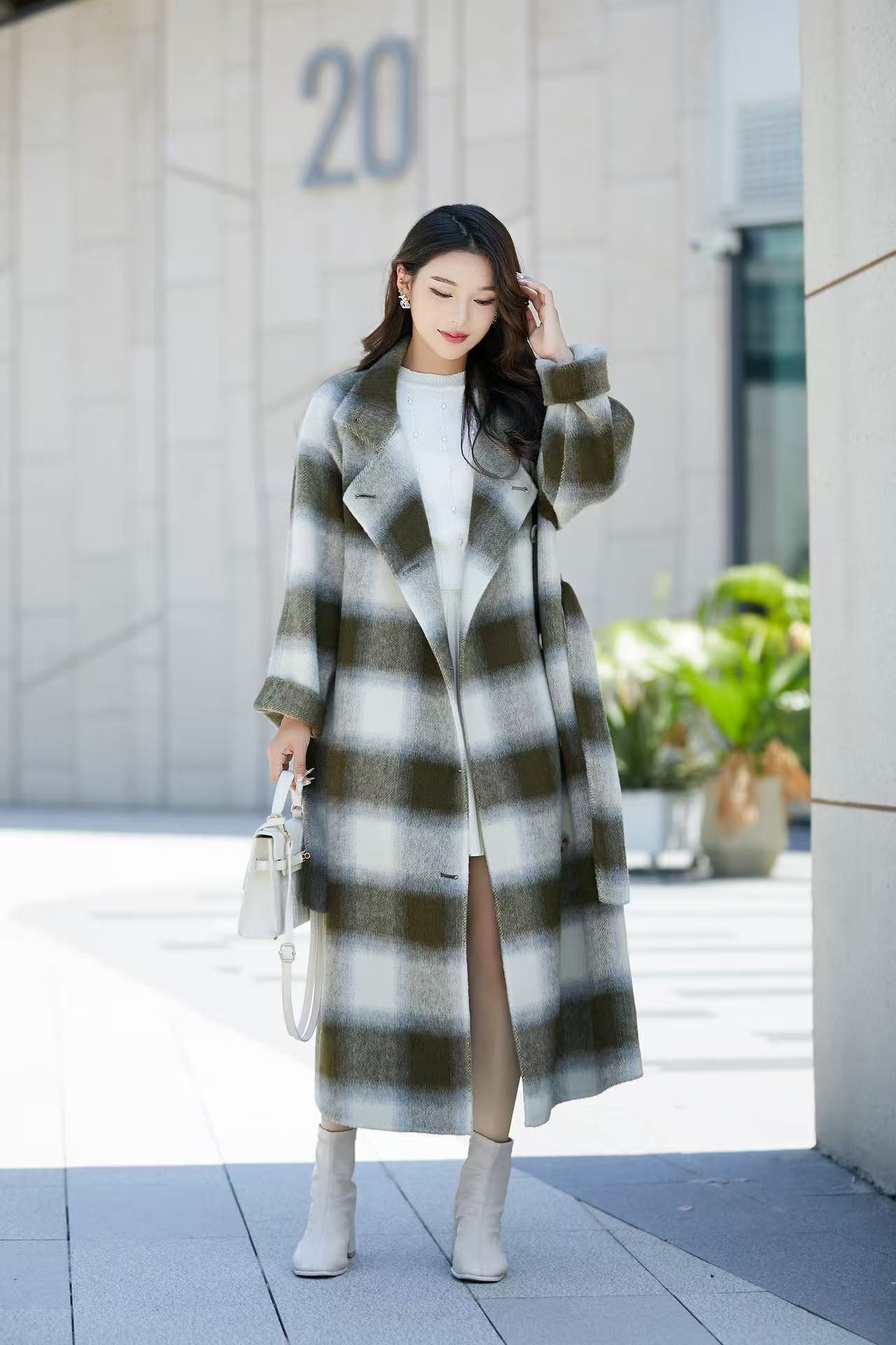 格子立领秋冬长款直筒毛呢外套千鸟格时尚韩版加厚双面