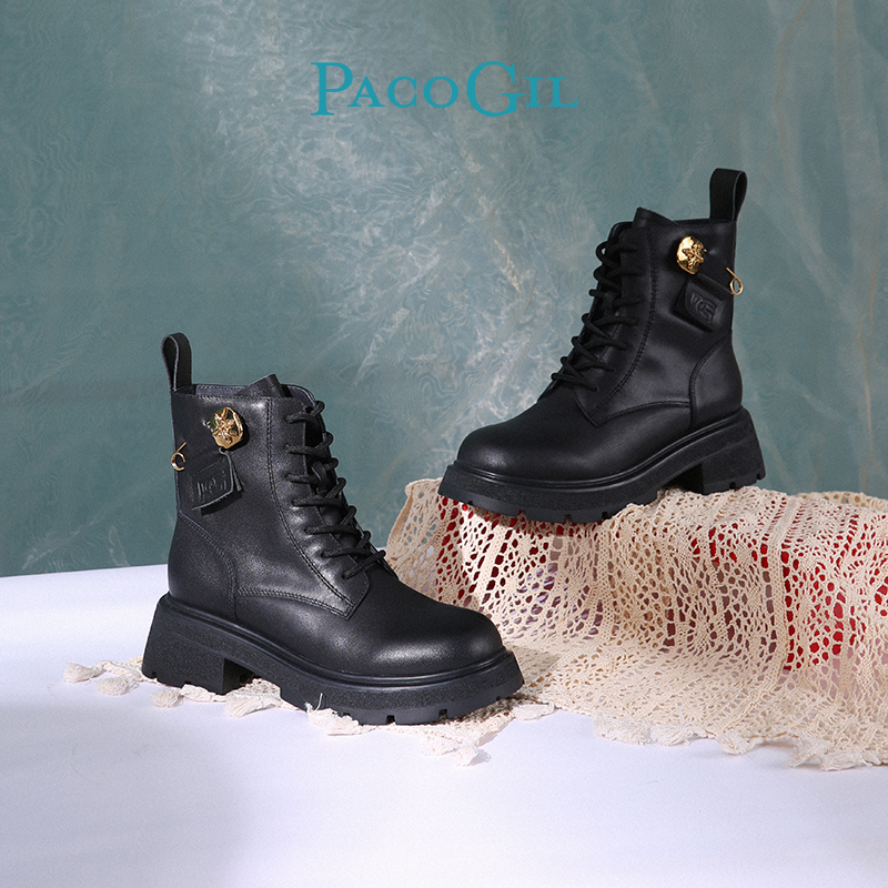PACO GIL马丁靴秋冬厚底系带加绒工作鞋粗跟圆头真皮短靴XPB52081