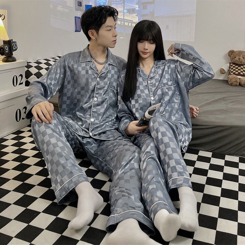 情侣睡衣女春秋天款2025新款冰丝长袖长裤简约纯色男士夏季家居服