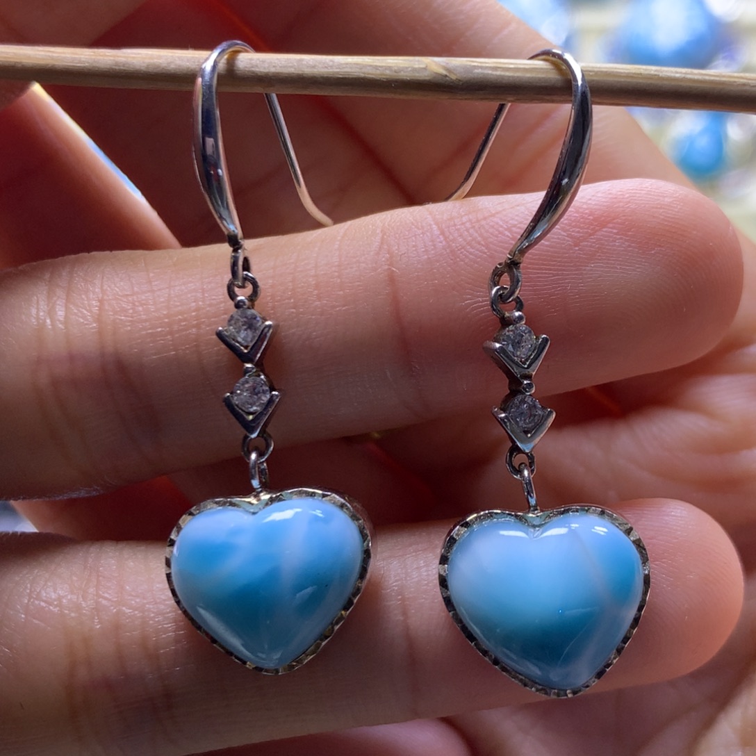 针钠钙石（海纹石）银S925镶嵌耳饰爱心耳钩色差略异