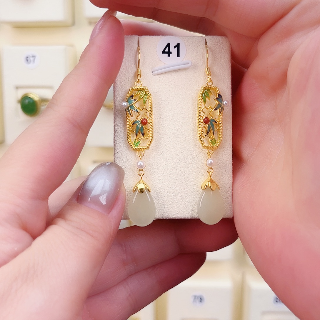 和田玉银S925镀金镶嵌耳饰