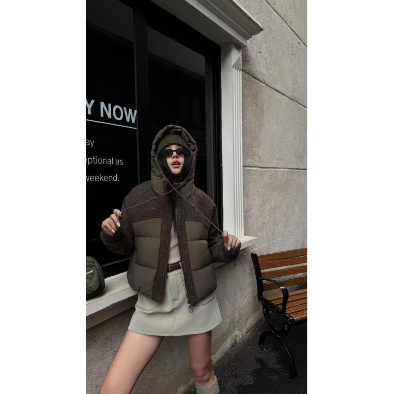 XYX 9925新款复古羊毛混纺拼接90短款连帽羽绒服