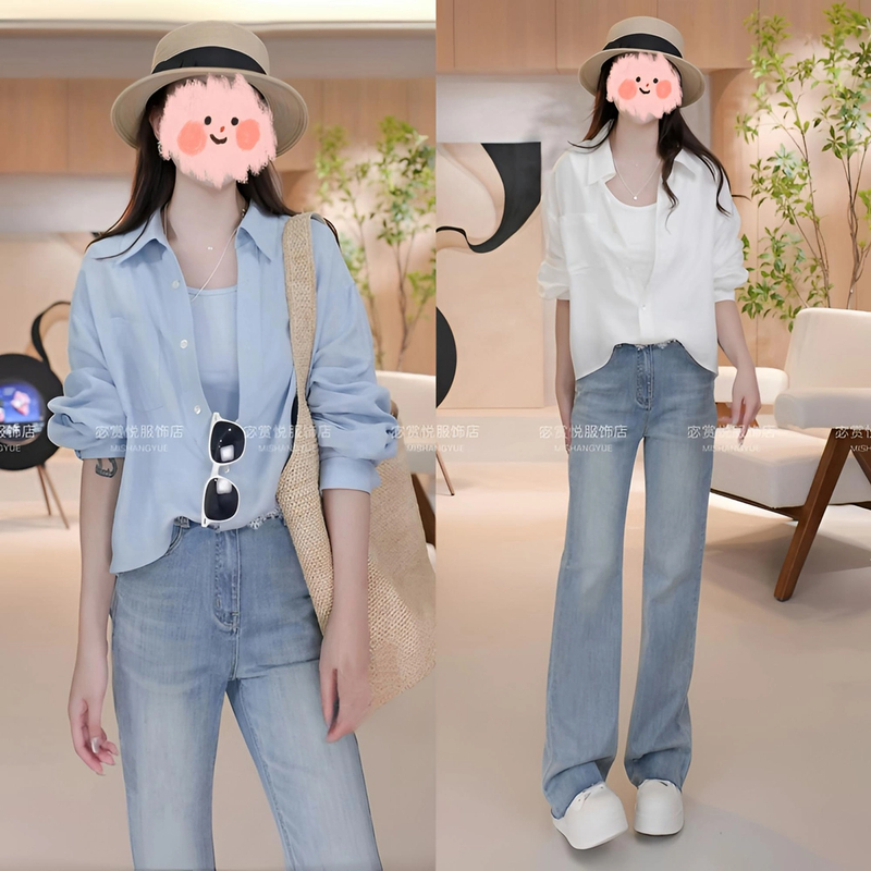 早春穿搭一整套女装气质欧若风假两件衬衫牛仔裤两件套洋气衣服女
