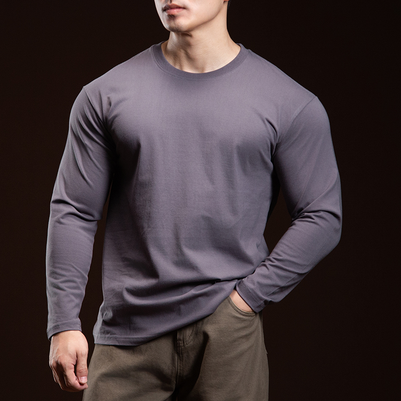 BARBRO纯棉长袖t恤男秋季新款纯色简约修身上衣圆领百搭打底