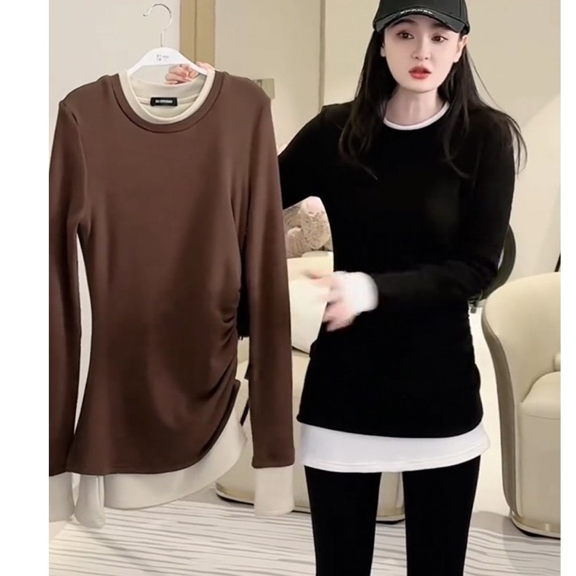 高级感抽褶撞色磨毛保暖内搭显瘦打底衫女秋冬长袖拼接T恤打底衫