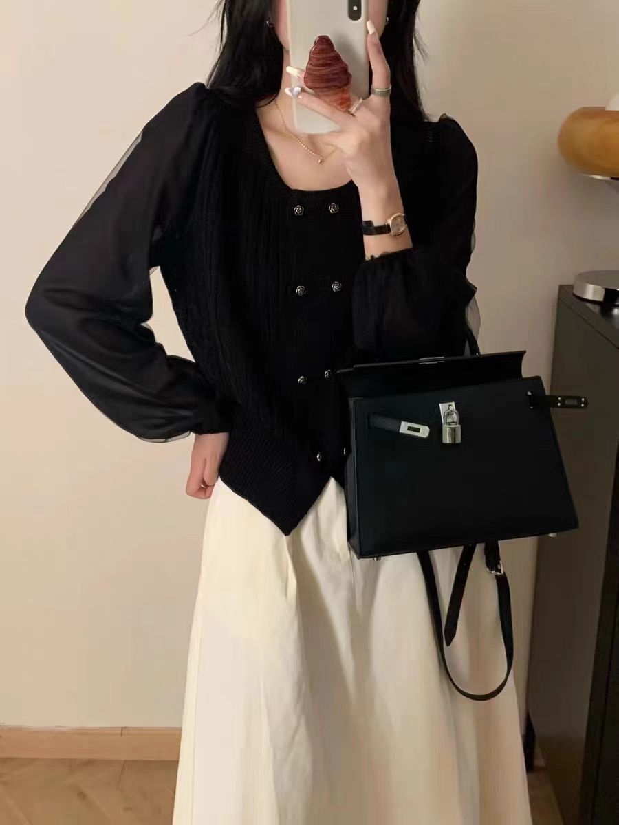 【山茶花扣-黑】小香风拼接针织衫秋季2025新款女装百搭毛衣外穿