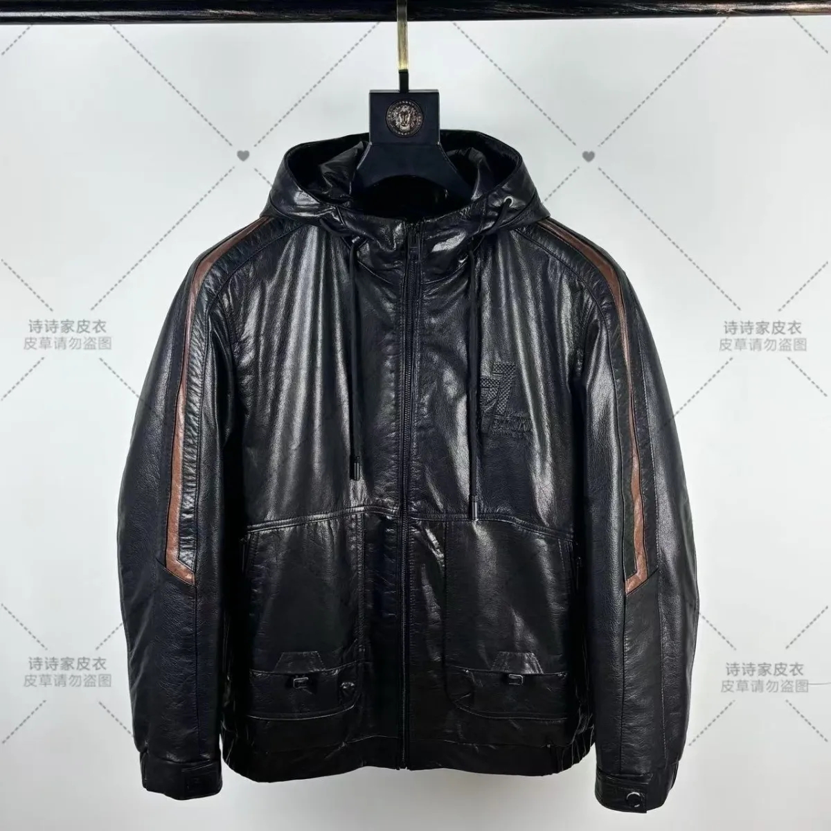 胎牛大7配色帽羽绒 男士真皮油蜡牛皮皮衣羽绒内胆可拆冬季外套