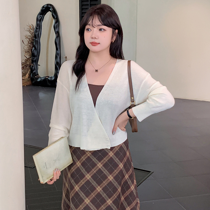 清*大码初秋外搭长袖外套2024胖mm宽松百搭针织开衫女