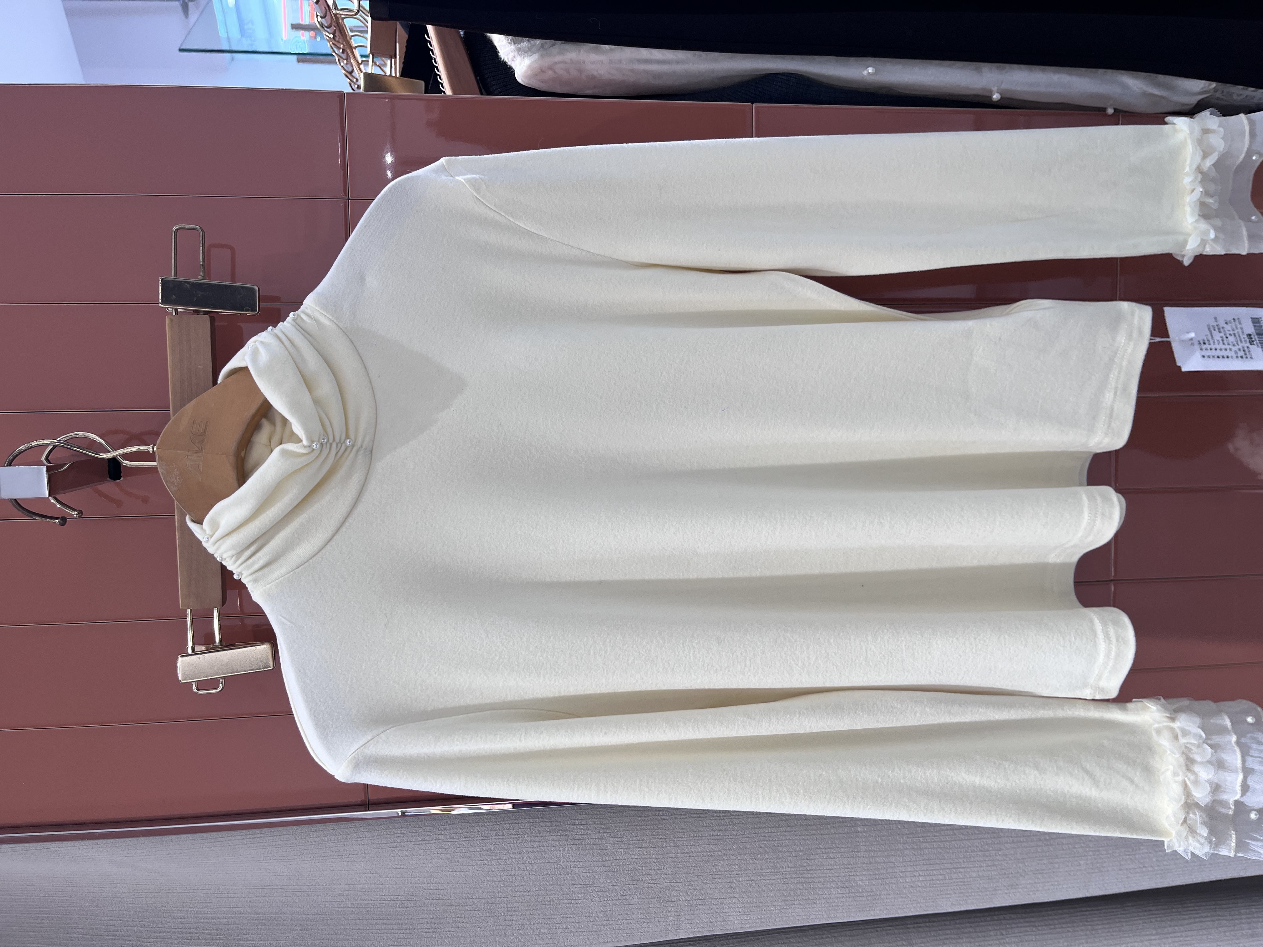 高领纯色中长款长袖拼色蕾丝T恤秋冬时尚白色打底衫YA25444Z501