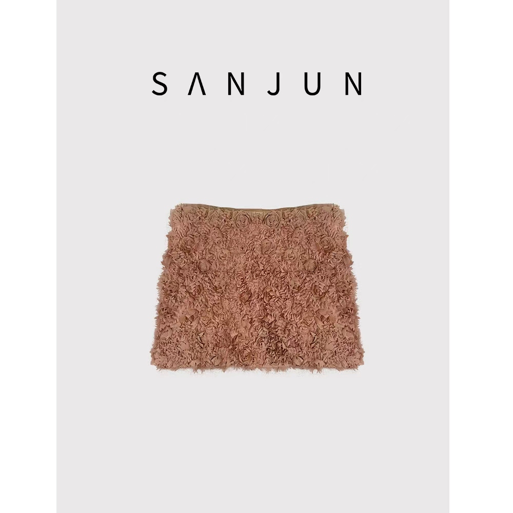 SanJun高端定制立体玫瑰花褶皱气质包臀短裙 D7564-W1