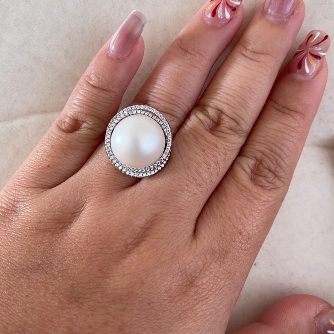 海水珍珠戒指银S925镶嵌14-15mm