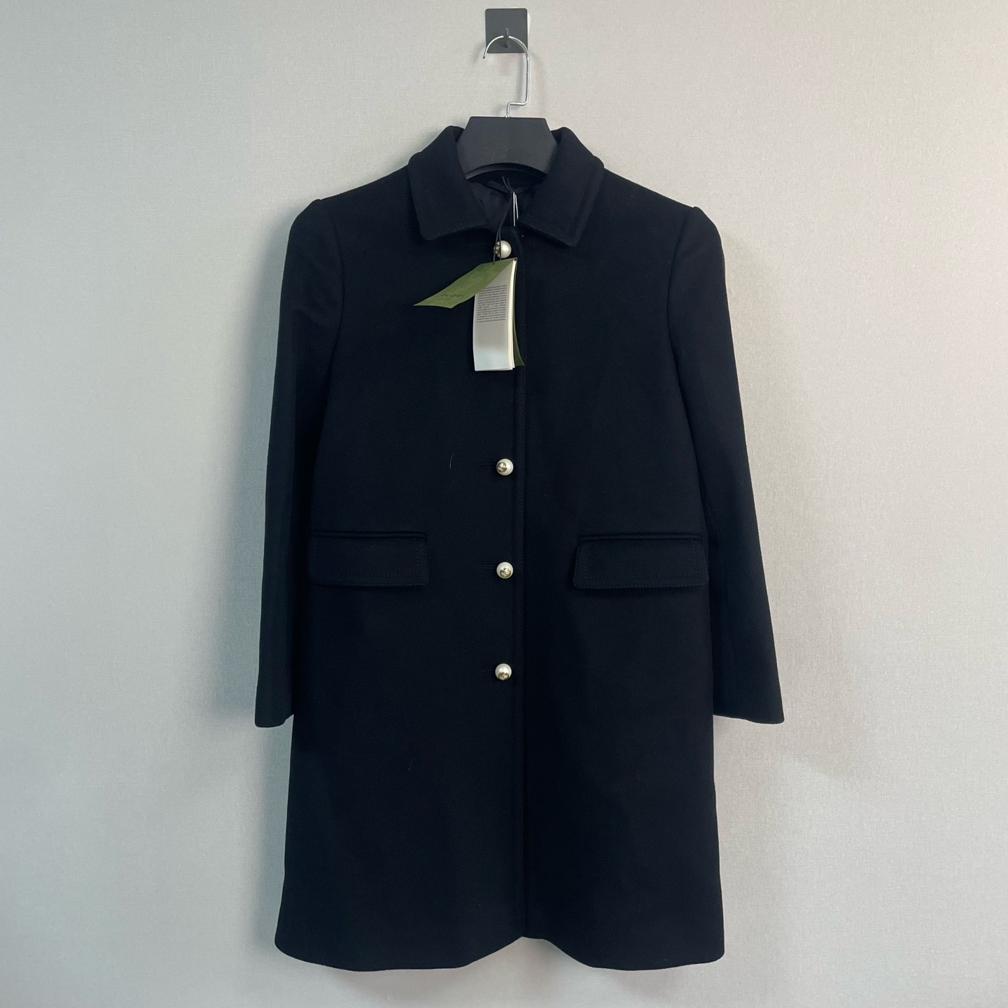 未使用 GUCCI/古驰 黑色翻领单排扣羊毛呢子大衣/42码/价27000