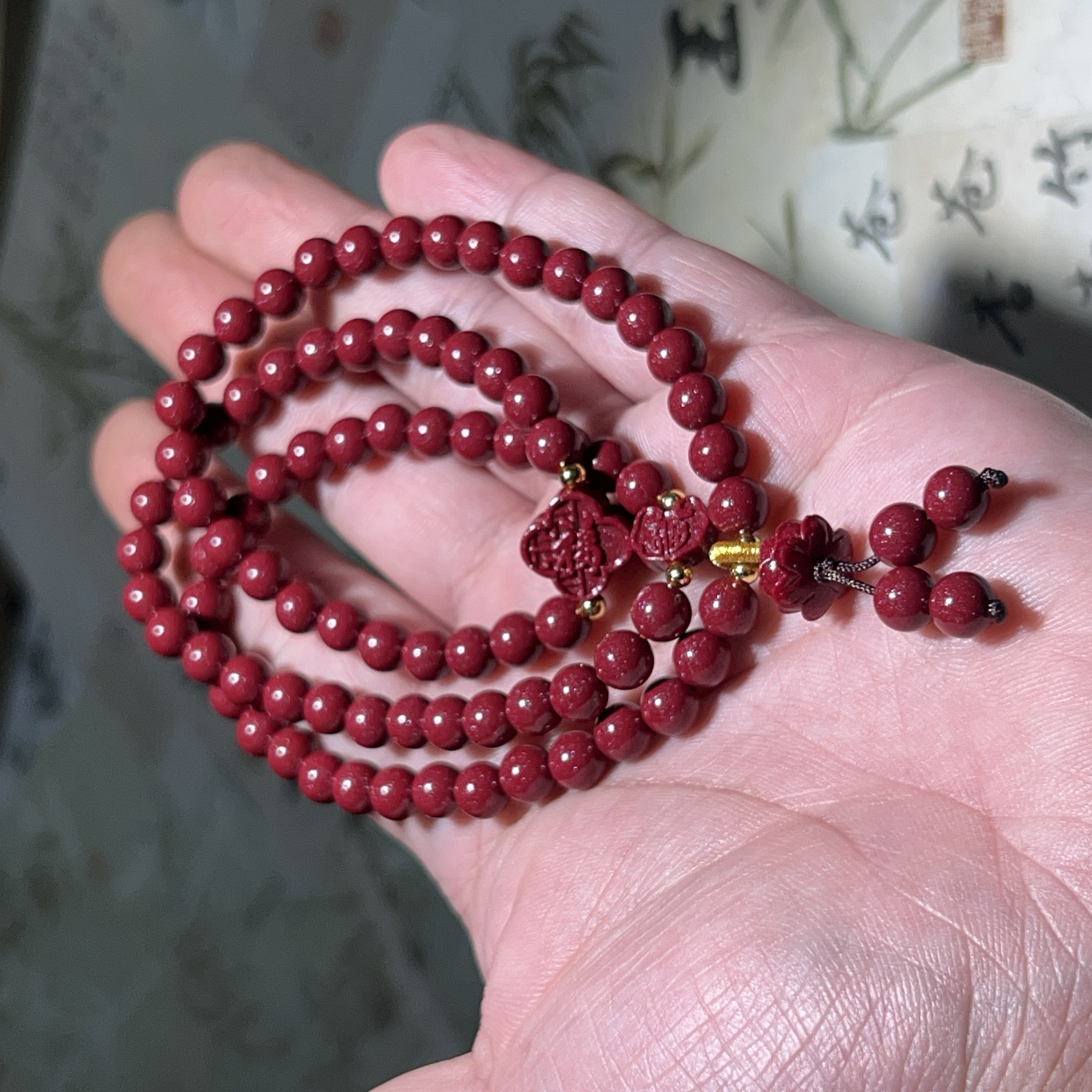 含辰砂工艺品【苏元推荐】高含量紫金砂6mm三圈福字莲花手串朱砂