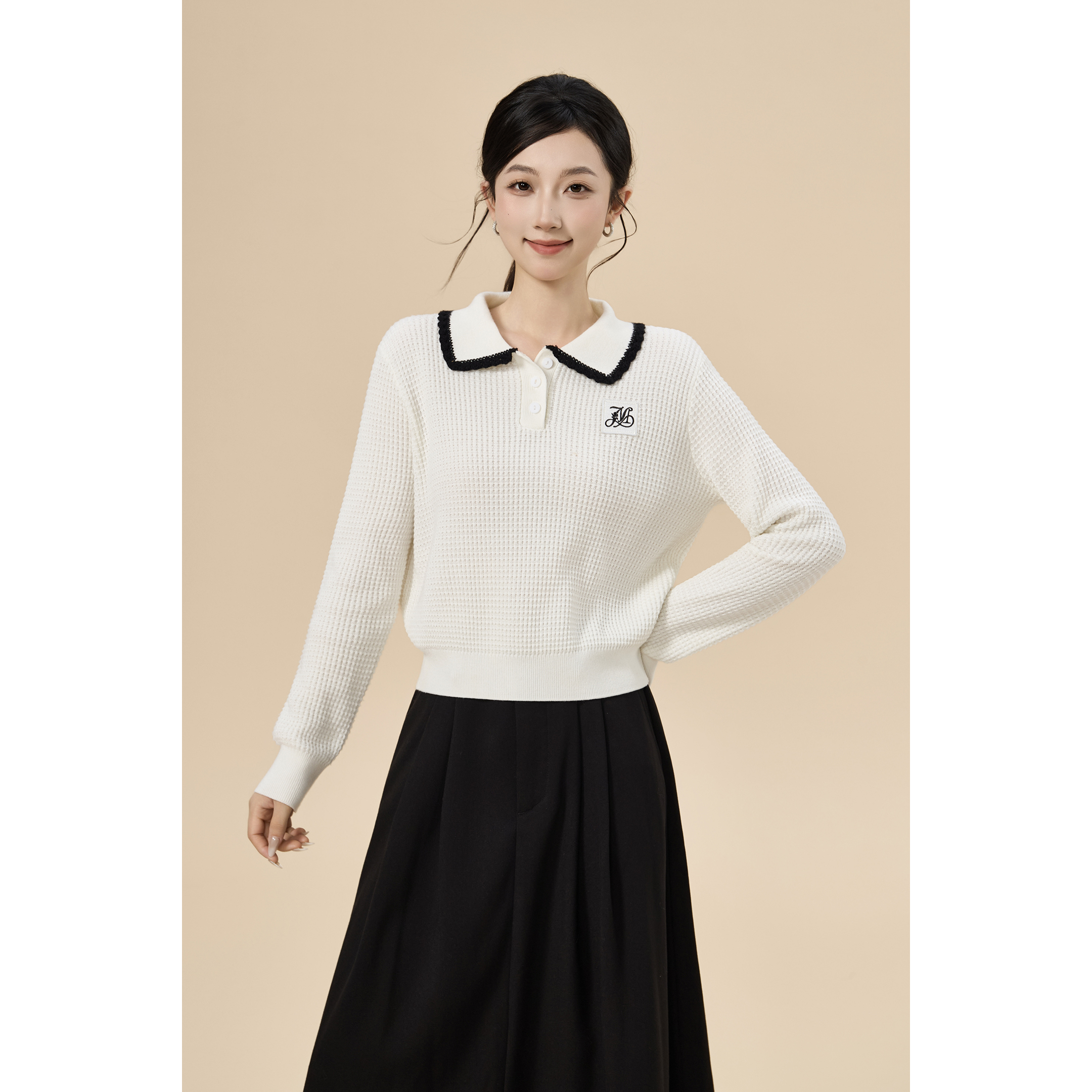 【流光风穿搭】茵曼25秋季撞色翻领娃娃领套头毛衣休闲百搭毛衣长袖