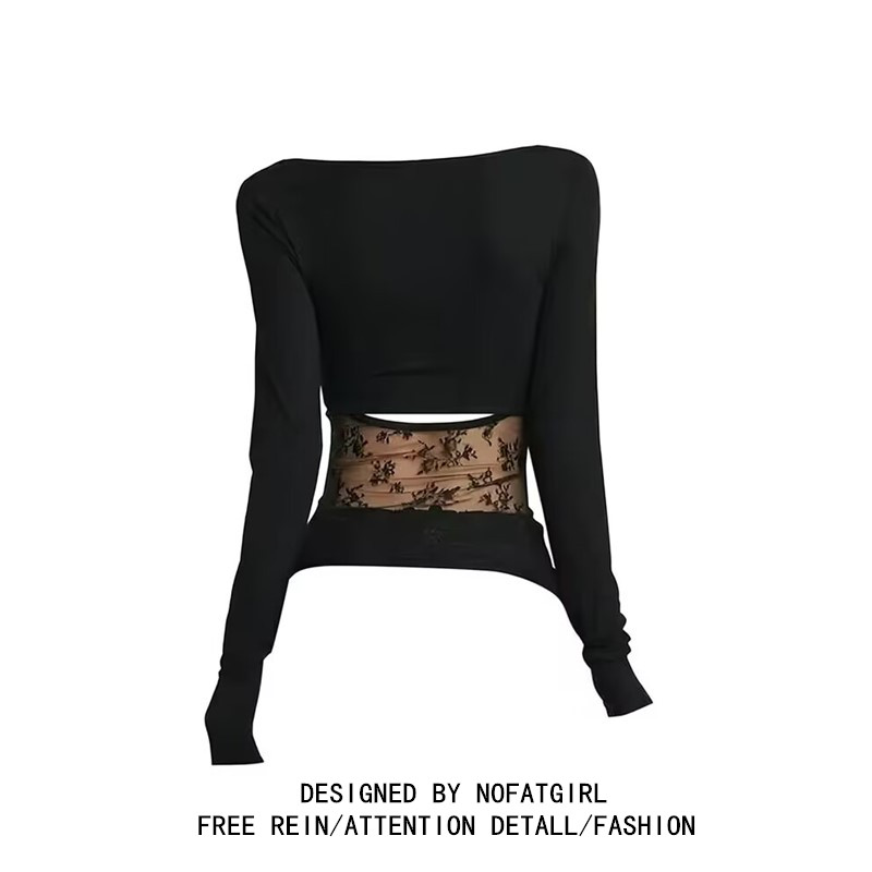 大码胖mm美式辣妹后背镂空蕾丝拼接长袖T恤女秋季修身显瘦上衣