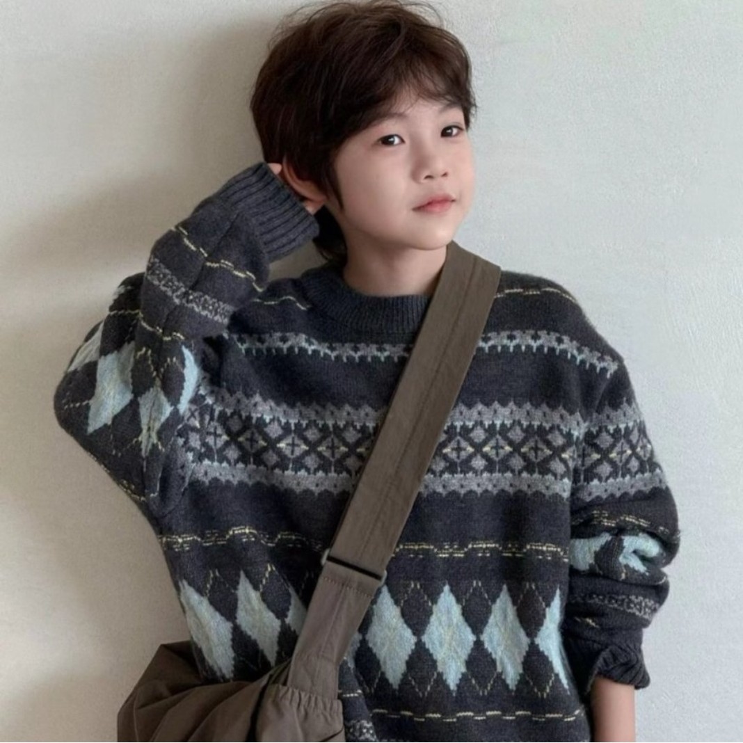 男女童韩版提花圆领针织毛衣秋冬时尚潮流百搭休闲柔软打底上衣