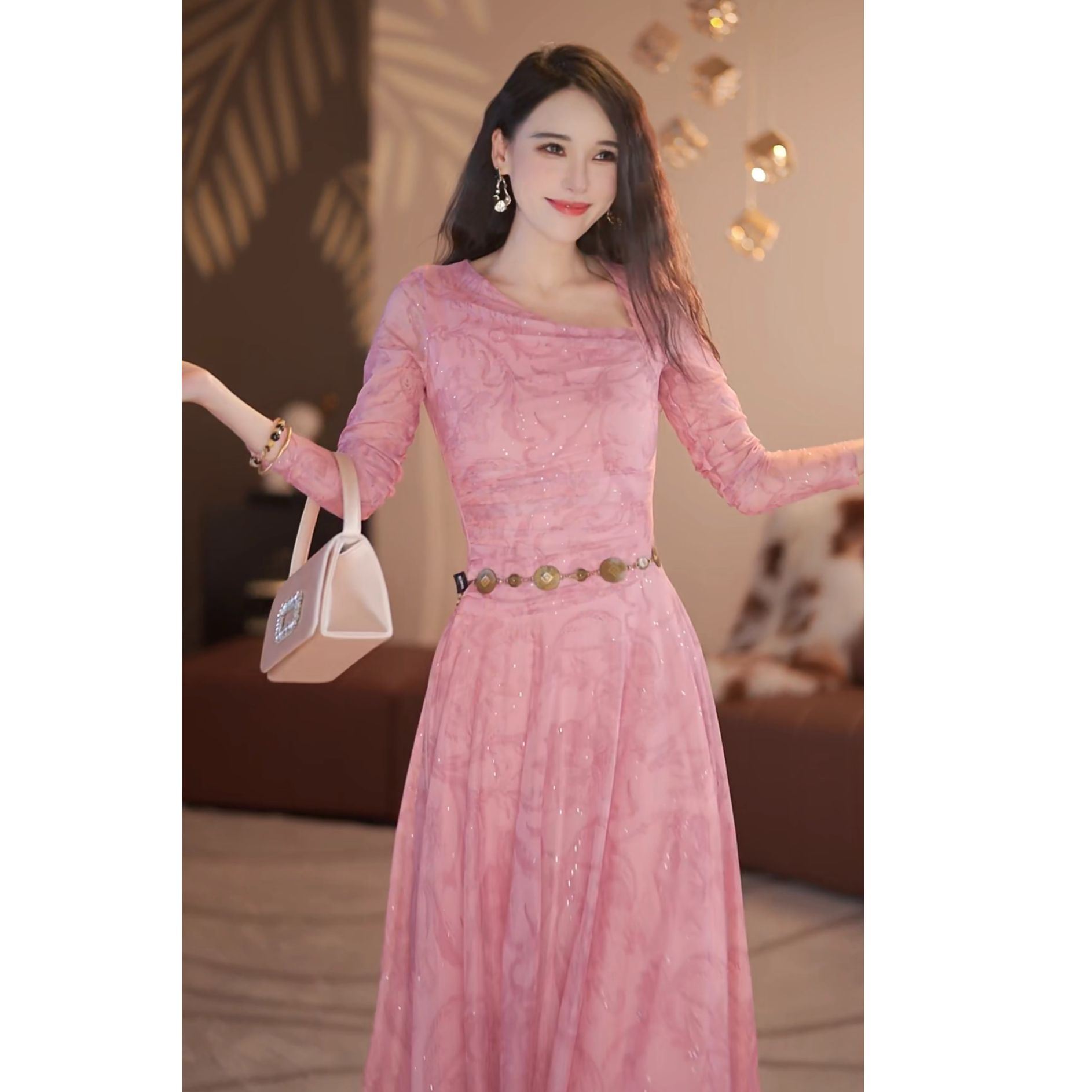 【静铉】穆斯女神 秋季新款高级显白A摆连衣裙（不含腰带）-YL11784