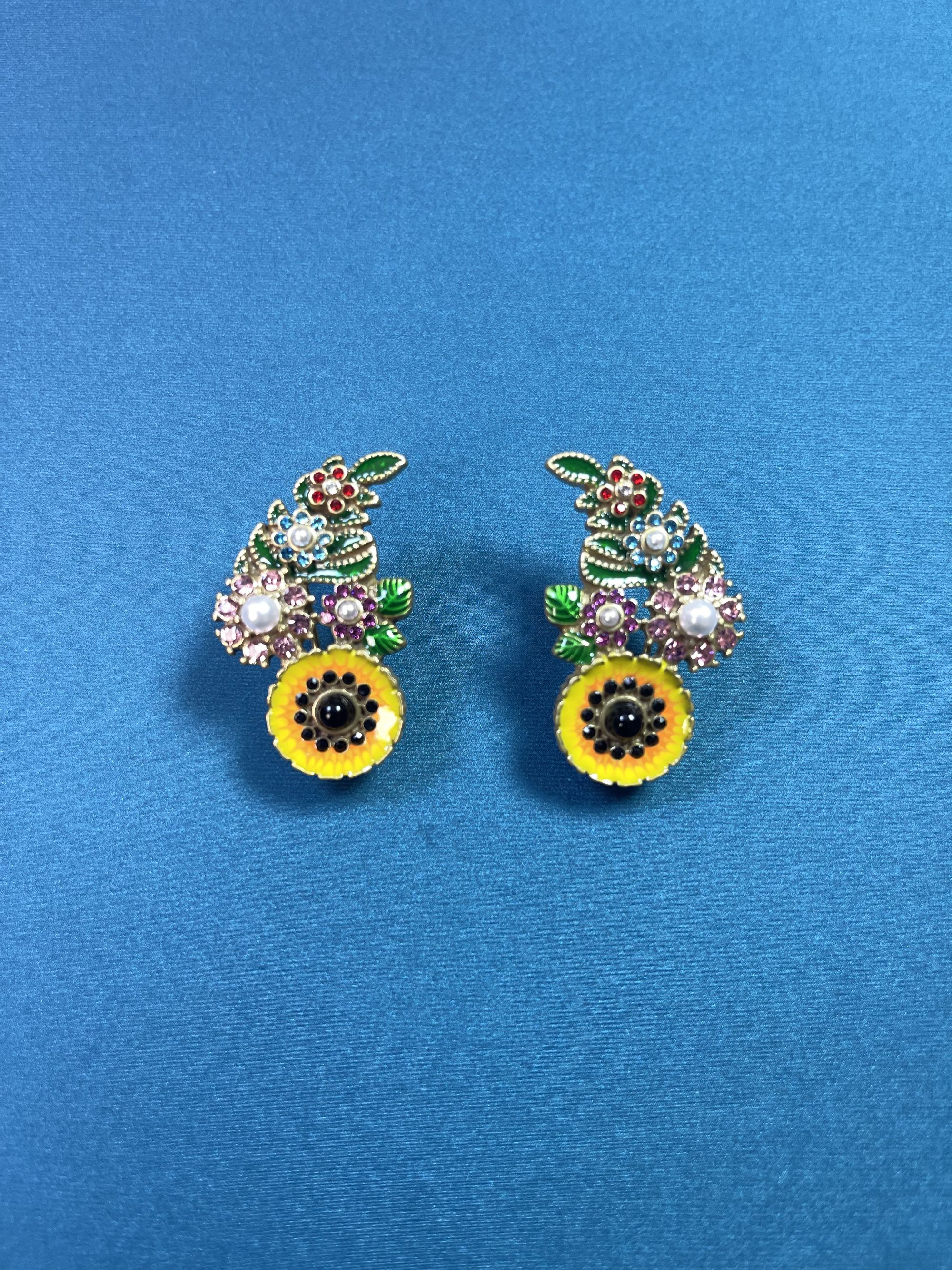 铜合金珐琅耳饰 中古风彩锆珐琅向日葵花朵繁花耳钉ES129