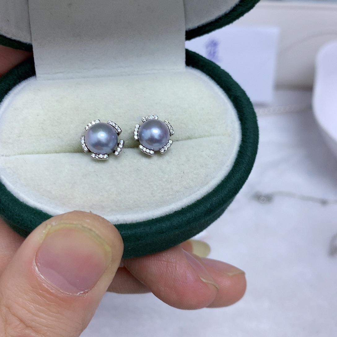 耳饰银S925镶嵌海水珍珠6-7
