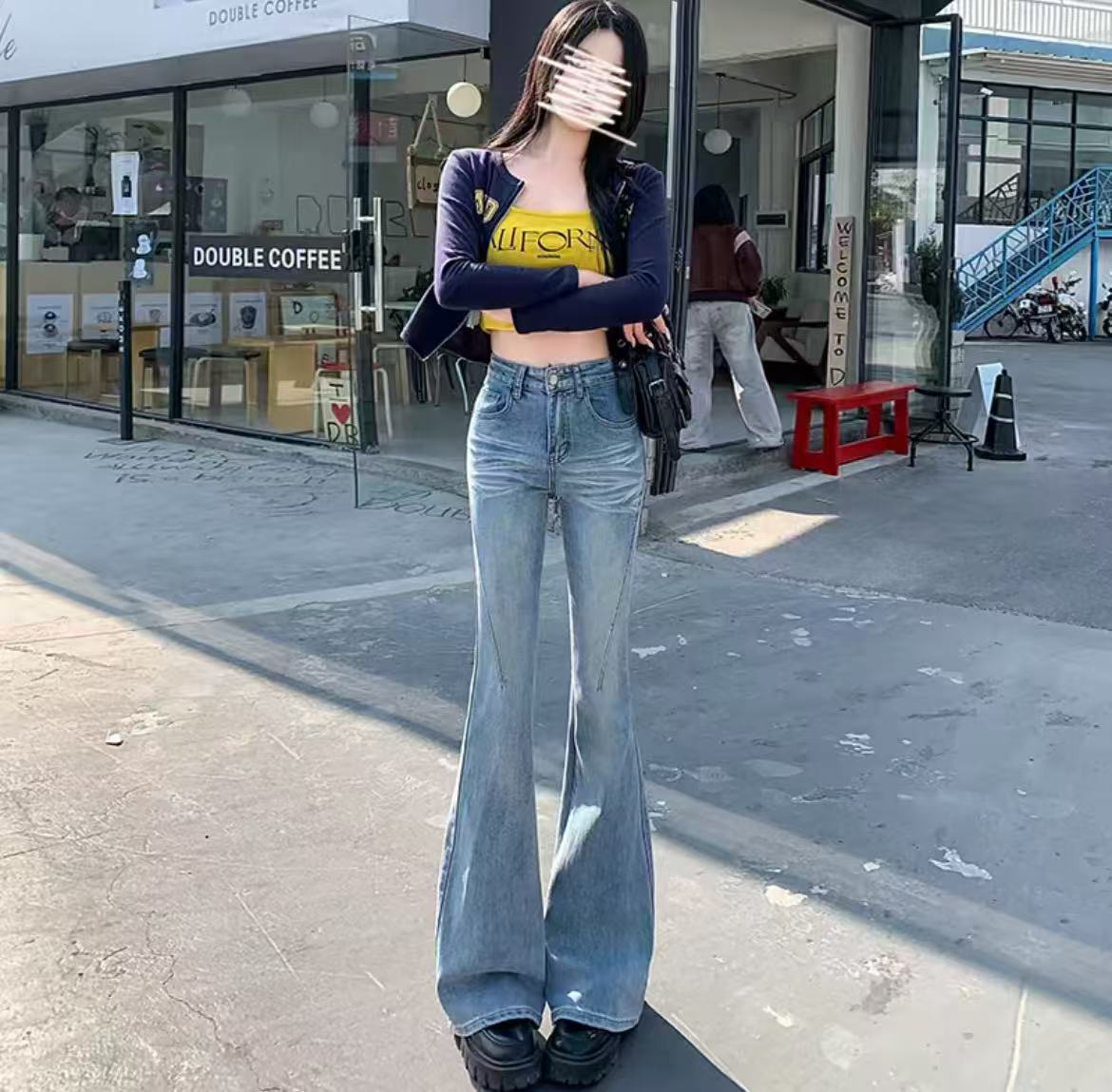 浅蓝色春秋季新款高腰宽松微喇牛仔裤女显瘦小个子四面弹喇叭裤子