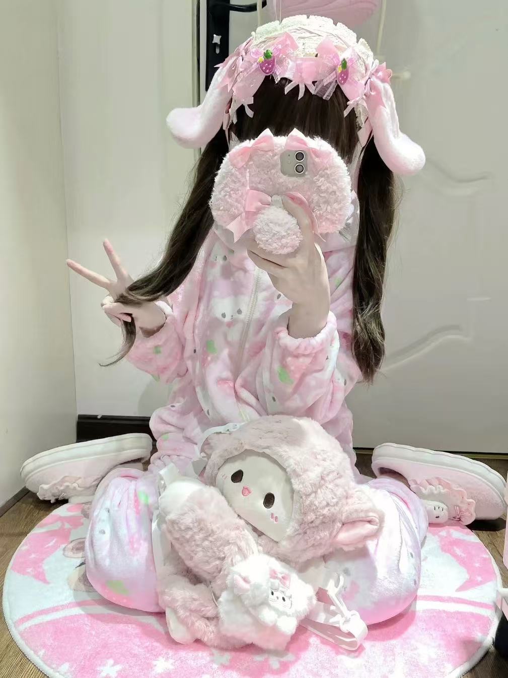 甜点兔卡通法兰绒中厚款长裤长袖拉链睡衣家居服套装