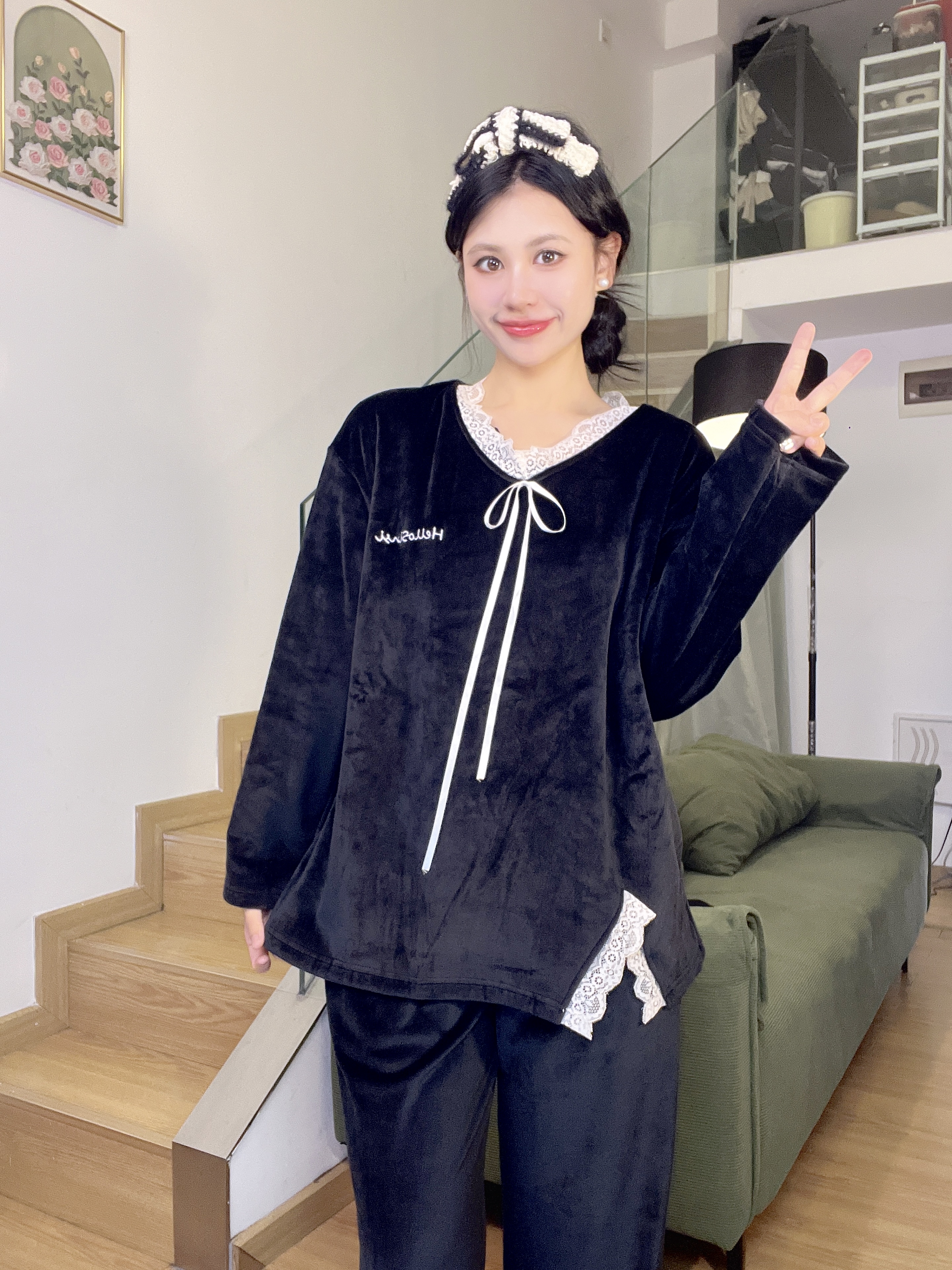海岛绒新款冬季秋季加厚睡衣家居服套装家居服加绒保暖