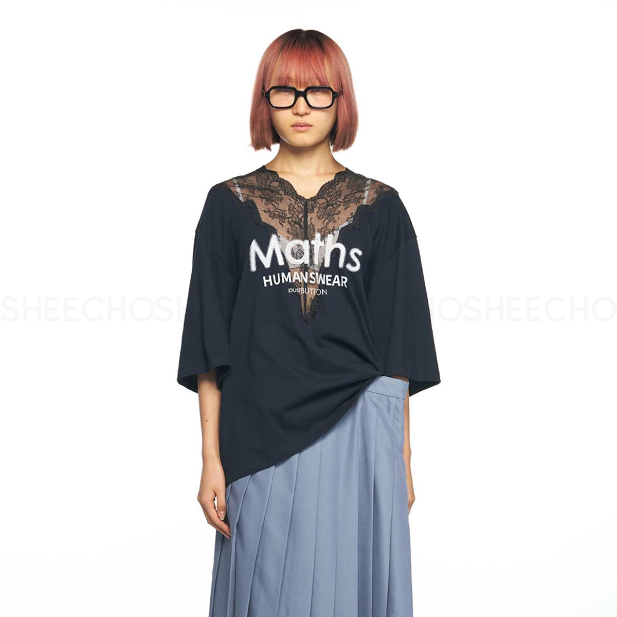 PUSHBUTTON设计师品牌25PS早春镂空蕾丝V领短袖上衣女T恤SHEECHO