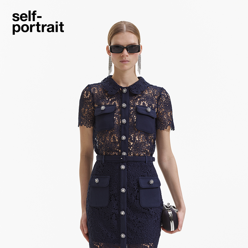 self-portrait 春夏深藏蓝短袖口袋装饰优雅蕾丝上衣