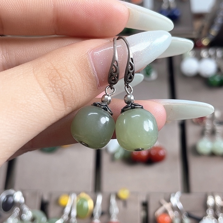 和田玉银S925镶嵌耳饰12左右