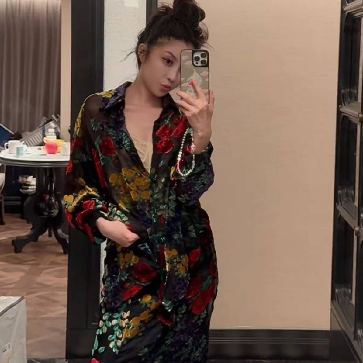 8050法式植绒提花薄款上衣1171半身裙两件套