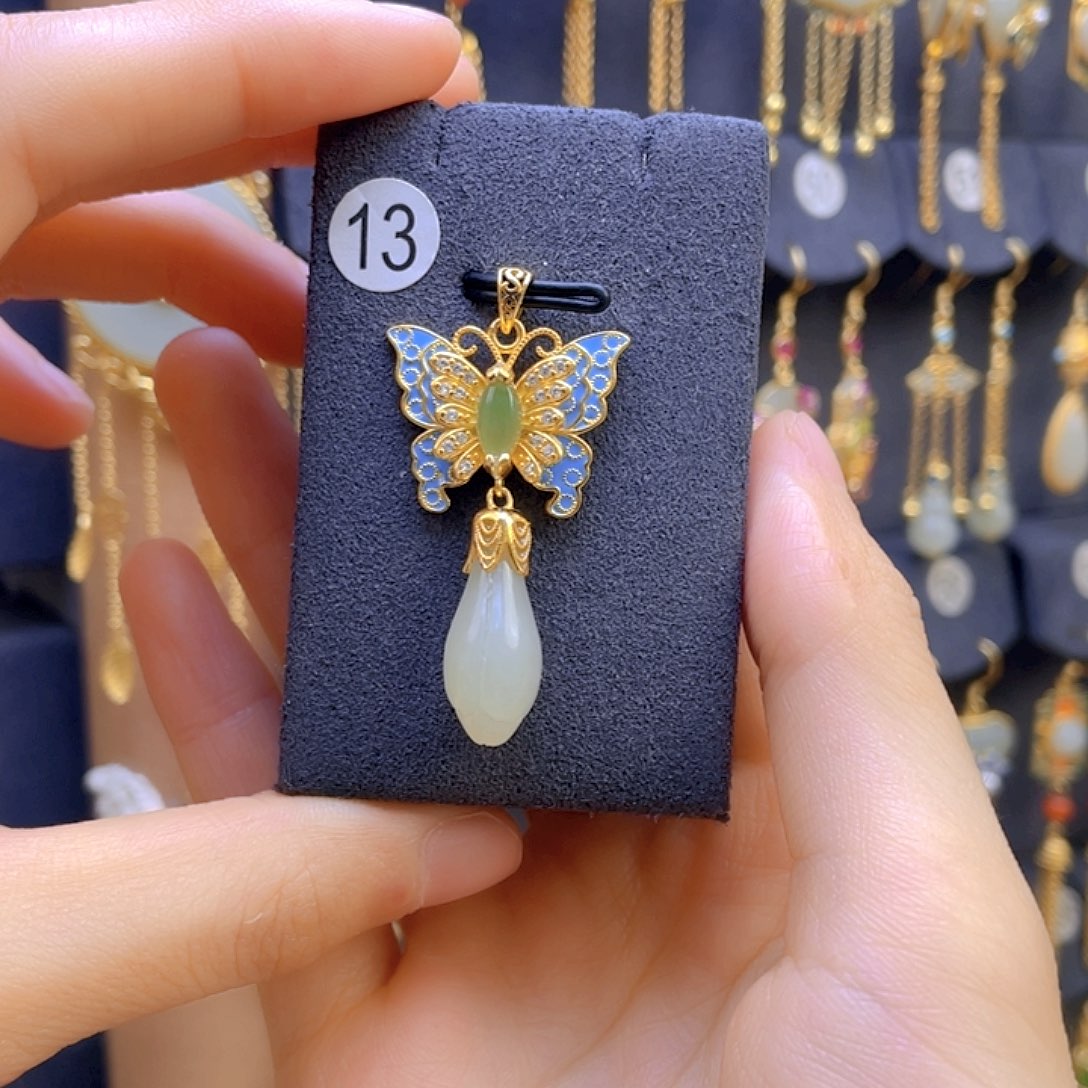 和田玉颈饰银S925镀金镶嵌