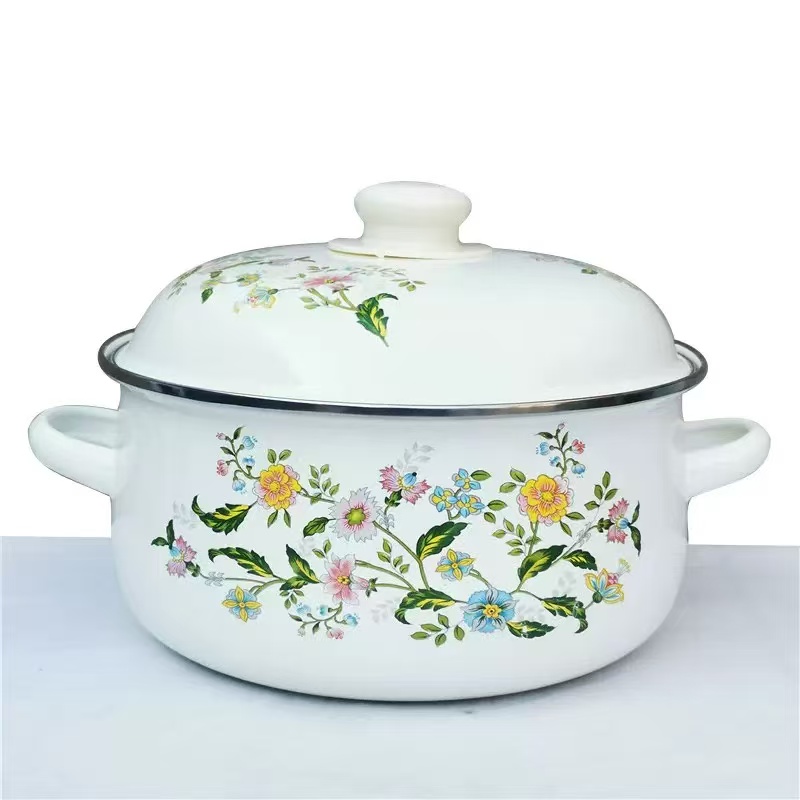 【廖宁】搪瓷双耳汤锅老式珐琅搪瓷烧锅猪油罐带盖碗装猪荤油罐子